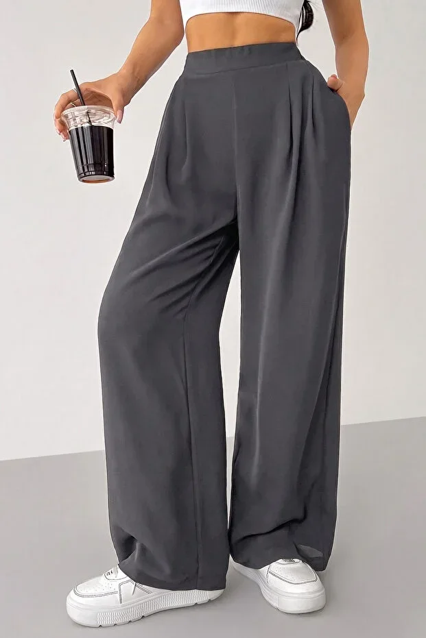 GENIUS STORE Women's Trousers Scuba Crepe Fabric Elastic Waist Pockets Pleated Wide Leg Palazzo Trousers