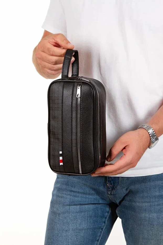Men's Black Leather Portfolio Clutch Shaving Cosmetic Care And Daily Handbag