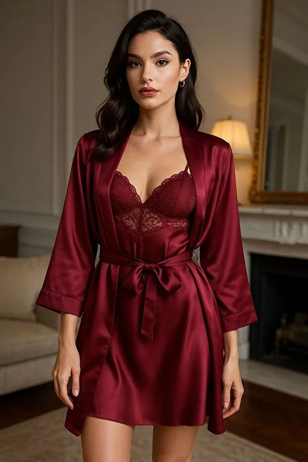 Veloura Desire – Burgundy Satin Robe with Lace Nightgown Set