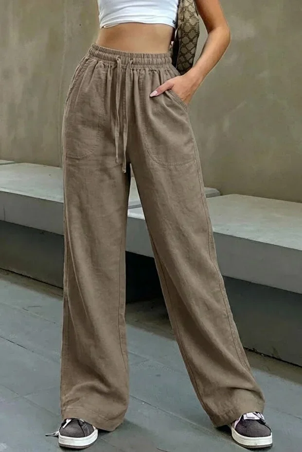 COMBİNE MİCHAİL Women's Elastic Waist Vizon Linen Pants