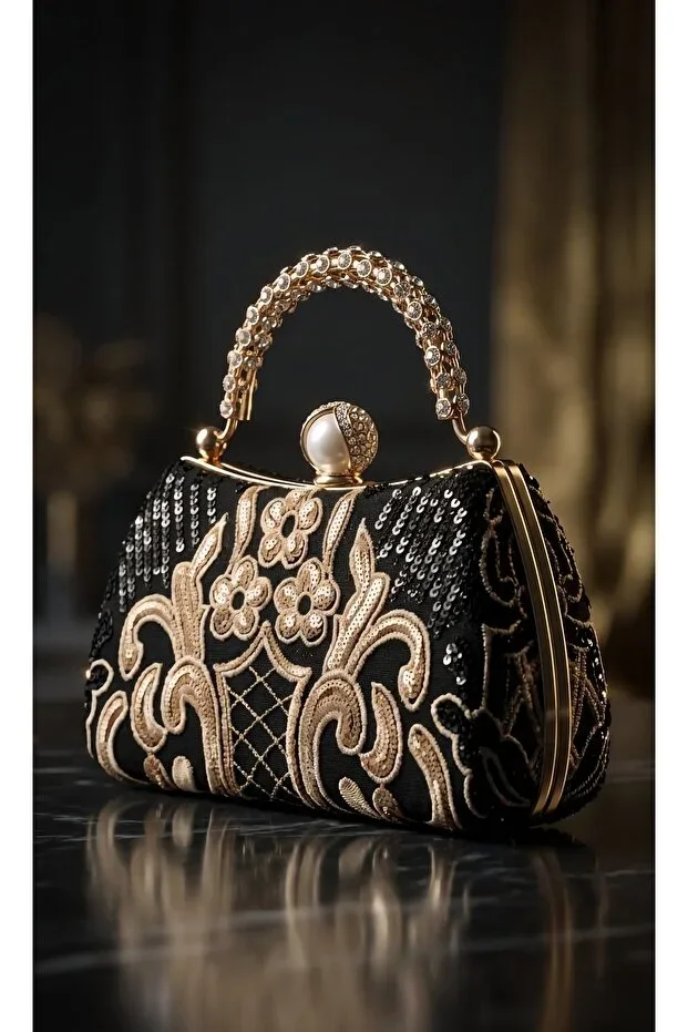 Luxury Evening Bag, Special Design Beaded Handle Chain, Elegance and Chic, 16x23 cm