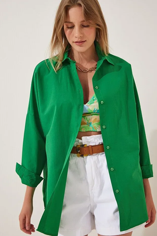 Happiness İstanbul Women's Bright Green Oversize Long Basic Shirt DD00842