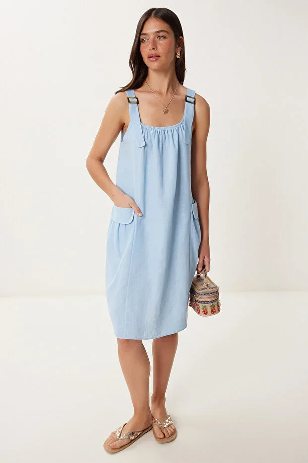 Women's Sky Blue Linen Blend Light Transparent Beach Dress GX00009