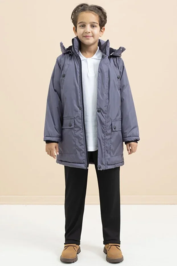 Fume Fur Lined Snap Pocket Long Cut Hooded Padded Jacket 21449