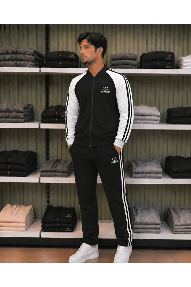Men's 2-Thread Combed Fabric Wide Leg Black White Tracksuit Set