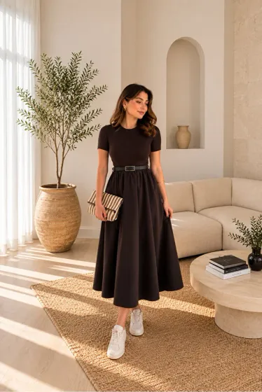 Bitter Coffee Self-Belted Poplin Fabric Dress