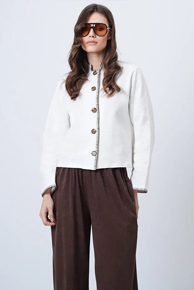 Ecru Mandarin Collar Shepherd Stitch Cardigan ALC-X14726