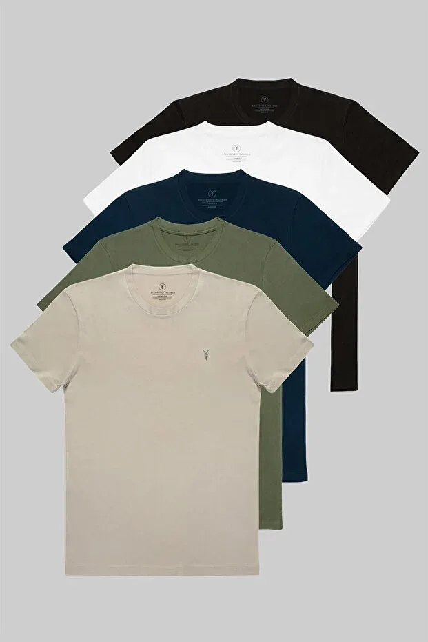 COMBİNE MİCHAİL Men's Black, White, Khaki, Grey, Navy %100 Cotton 5-Pack T-Shirt