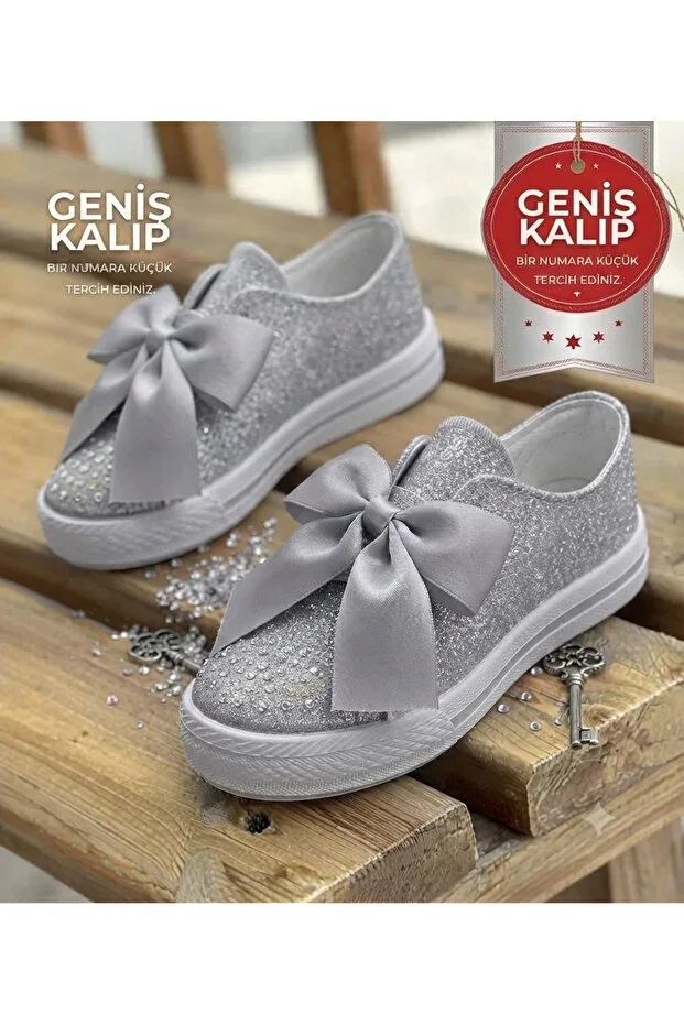 GIRLS SILVER COLOR BOW DECORATED ORTHOPEDIC SOLE CHIC CASUAL SHOES