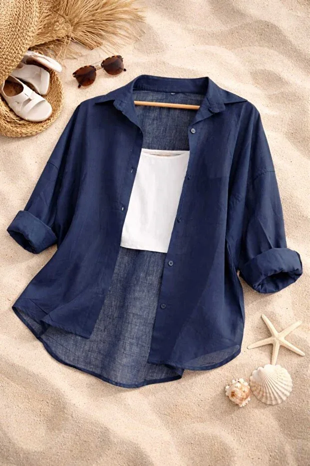 blackbonds Women's Linen Navy Shirt Summer Oversize Shirt New Season