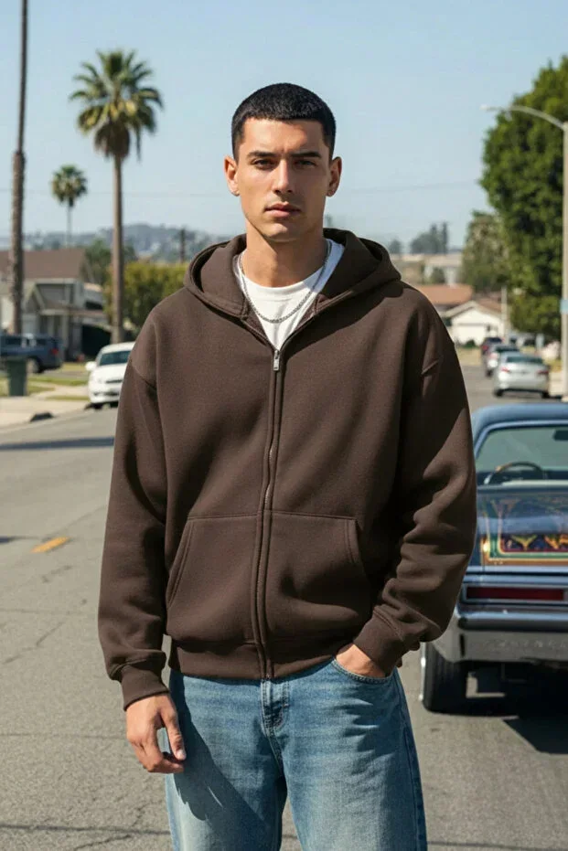 Brown 3-Thread Men's Zip-Up Hoodie Cardigan