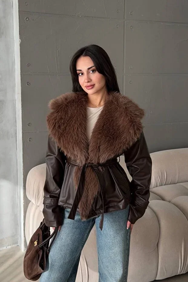 New Season Women's Leather Jacket Fur Collar Jacket Leather Fur Collar Leather Jacket Women