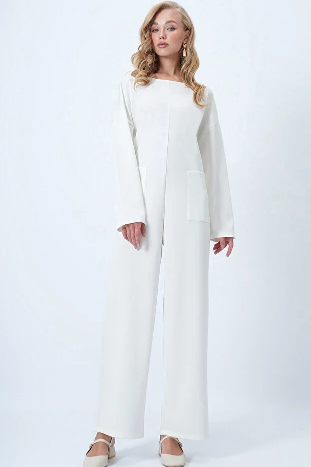 Women's Ecru Round Neck Back Zipper Relaxed Fit Jumpsuit ALC-X14554