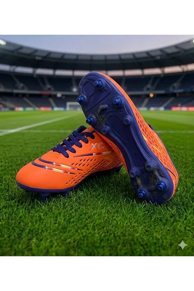 Young Child New Orange, Blue Sole Colored Small Studded Grass Field Shoes
