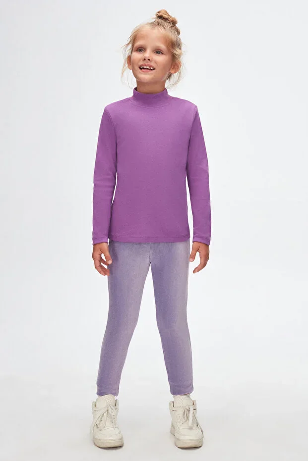 Light Purple Basic Winter Half Turtleneck Long Sleeve Girls T-Shirt