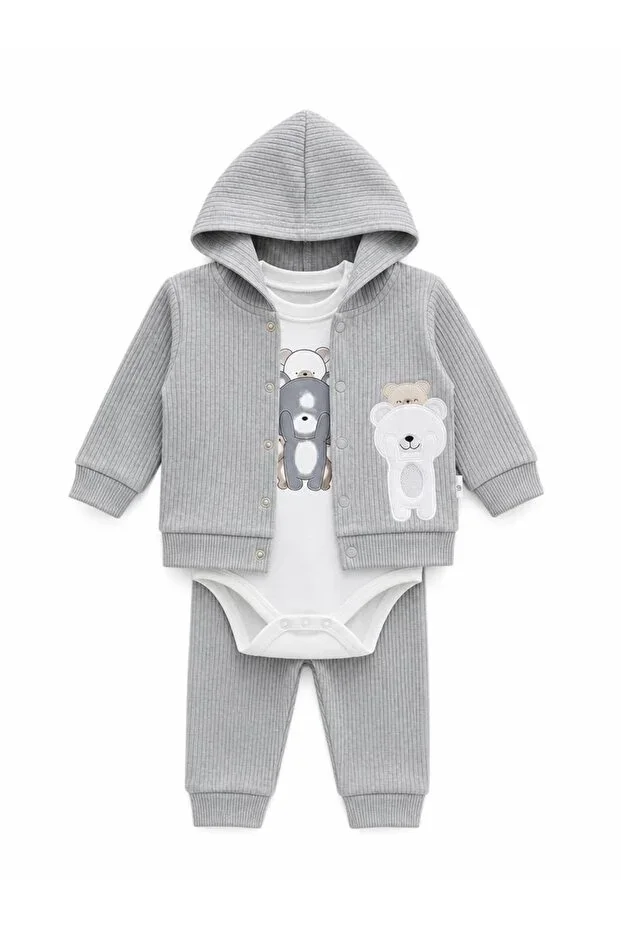 Bear Print 100% Cotton Hooded Cardigan Bodysuit and Pants 3-Piece Set