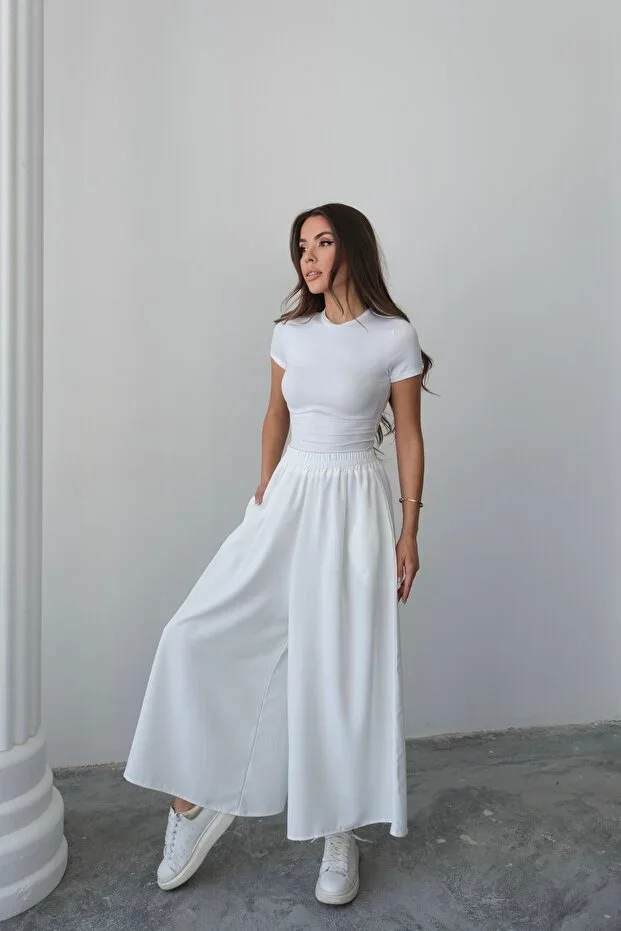 Hatun Atila Elastic Waist Wide Cut Flared Double Crepe Skirt Pants - White