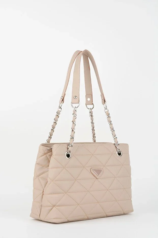 Saten Vizon Quilted 3 Compartment Zipper Closure Chain Strap Lined Hand, Arm & Shoulder Bag
