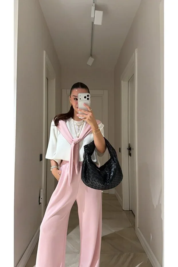 Shawl Collar Trimmed Model Fabric Women's Tracksuit Set