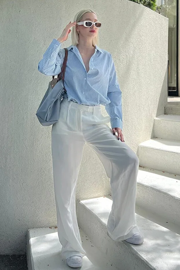 Madmext Blue Striped Over Fit Shirt Mg1525