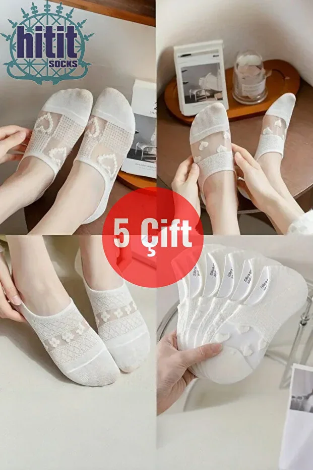 Women's 5 Pairs Premium Quality Heart Patterned Tulle Socks White