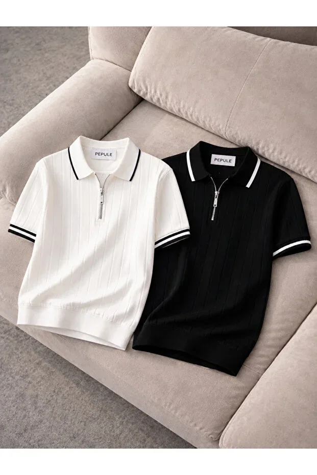 Men's 2-Pack Polo Neck Knitted Textured Half-Zip Regular Cotton Multicolor T-shirt