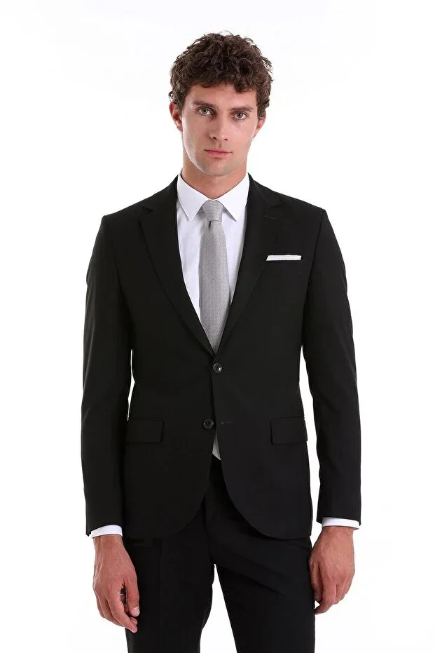 Black Slim Fit Single Collar Plain Classic Suit