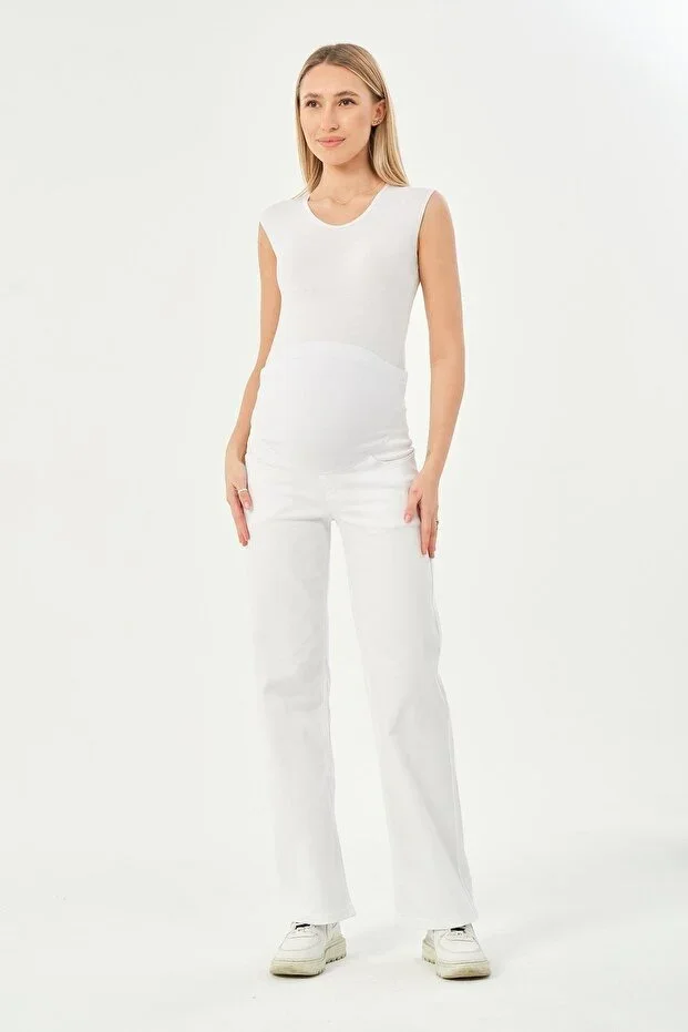 BUSA Pregnant Elastic Belly Band Adjustable Waist Wide Leg Jeans White