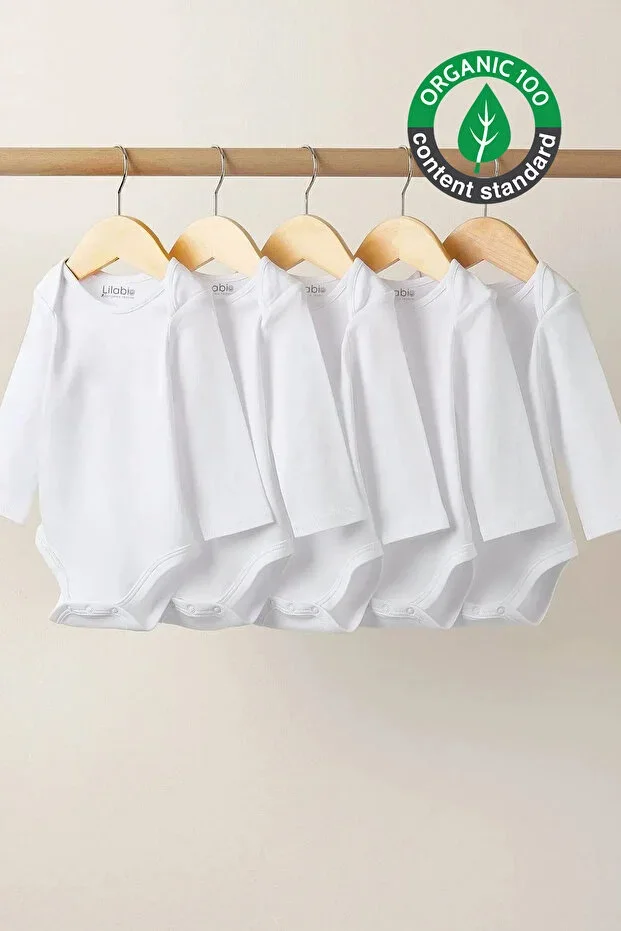 %100 Organic Cotton 5-piece White Long-Sleeve Baby Bodysuit