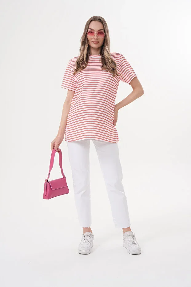 Crew Neck Short Sleeve Striped Maternity and Postpartum T-shirt
