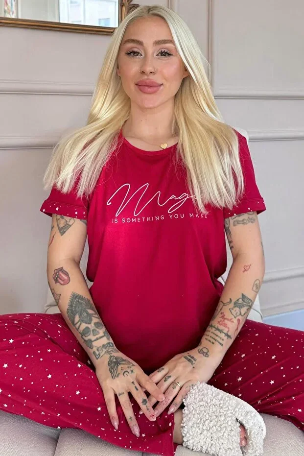 Bordo Magic Patterned Bamboo Short Sleeve Women's Pajama Set