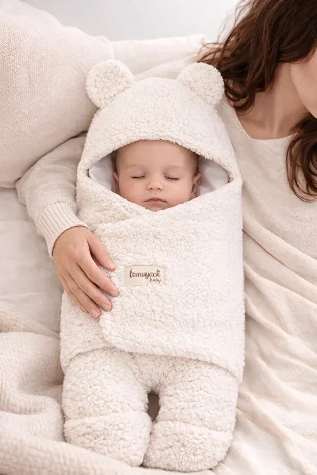 0-12 Months Lined Plush Welsoft Ear Ecru Outer Baby Swaddle & Blanket Winter Sleeping Bag