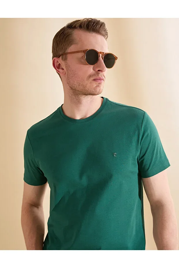 Dark Green Slim Fit 100% Cotton Crew Neck Basic T-shirt 50325307-VR079