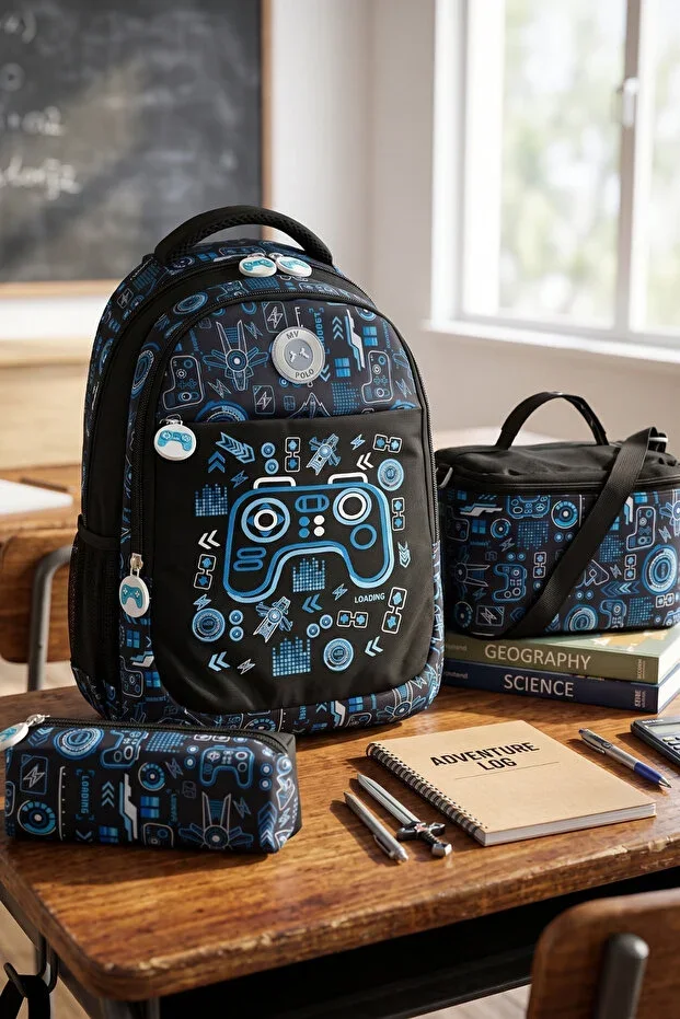 My Polo 2075 3-Piece Set Boys' Primary School Bag Backpack with Pencil Case and Lunch Bag NAVY BLUE