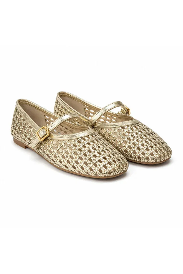 Women's Gold Hand-Knitted Buckle Strap Straw-Look Mesh Detail Summer Casual Flat Sole Ballet Flats
