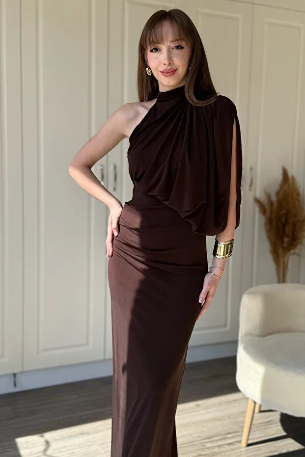 One Shoulder Neckline Elegant Flowing Brown Maxi Dress