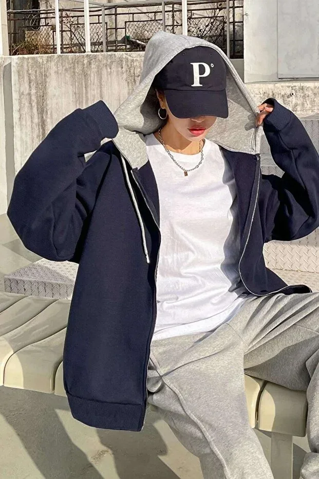 Unisex Navy Blue Grey Hooded Oversize Cardigan Zip 2 Thread Medium Thickness