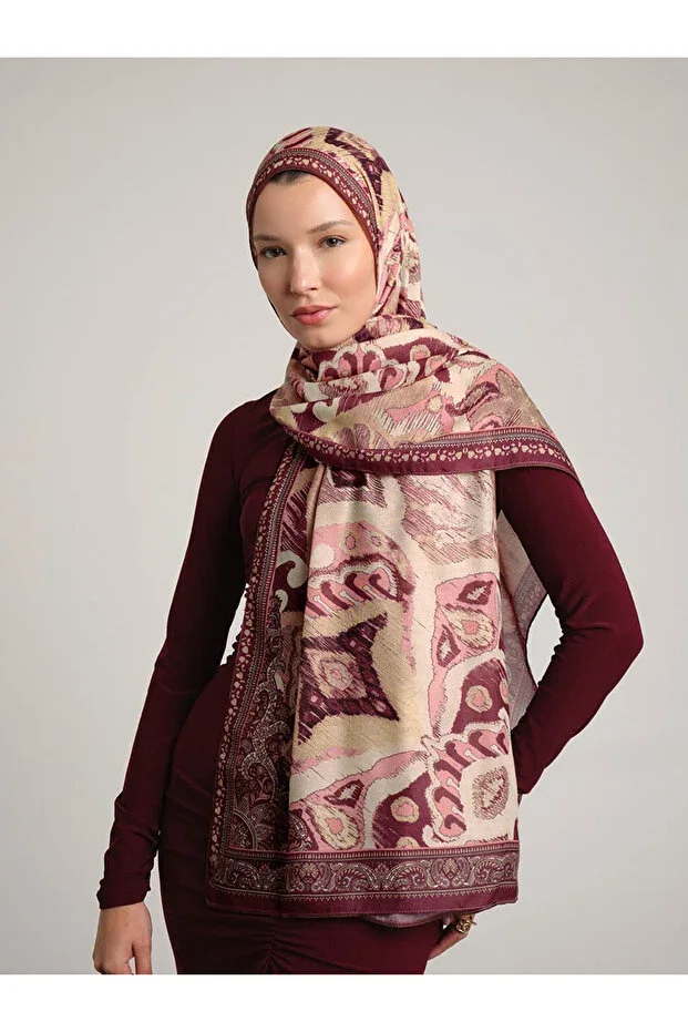 Glazed Motifs Ethnic Patterned Single-Sided Shawl - Rose Burgundy