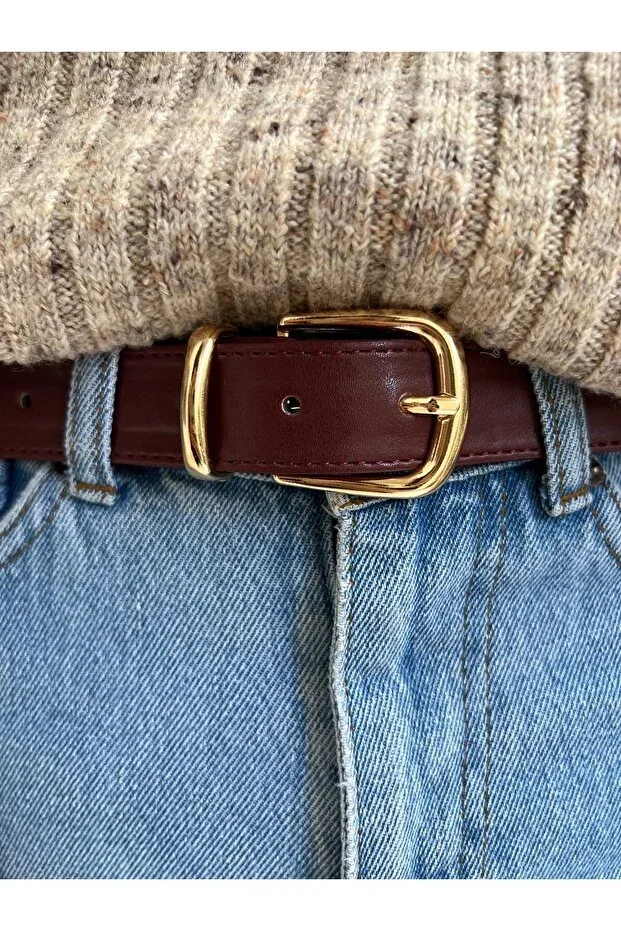 Gold Buckle Burgundy Women's Belt Trouser Belt Dress Belt