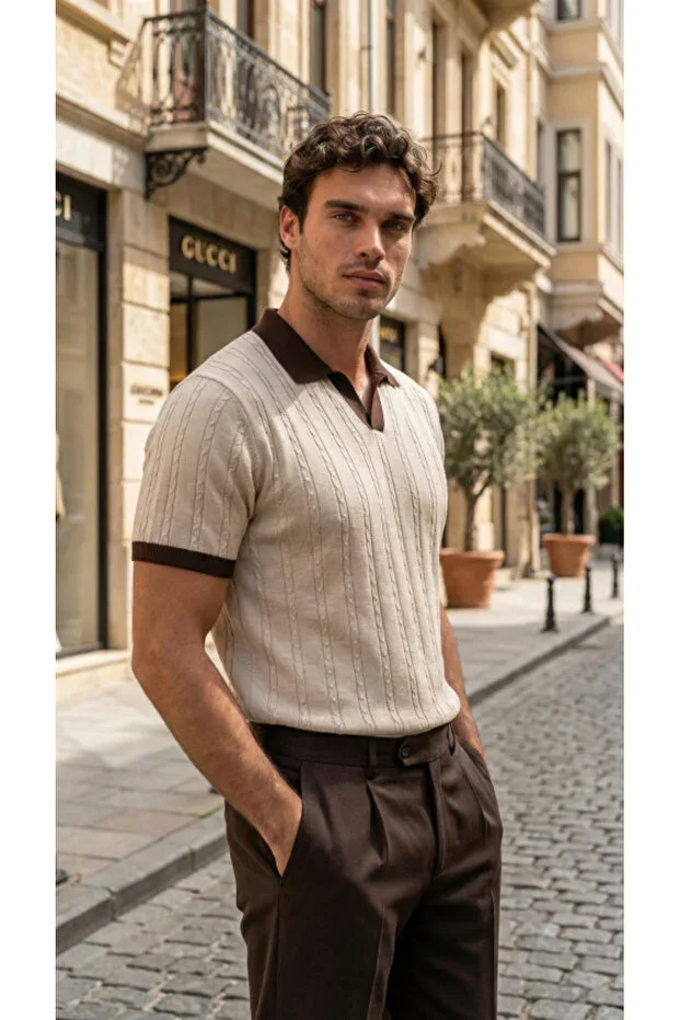 Men's Knit Pattern Polo Neck Cotton T-shirt - Short Sleeve Classic Fit