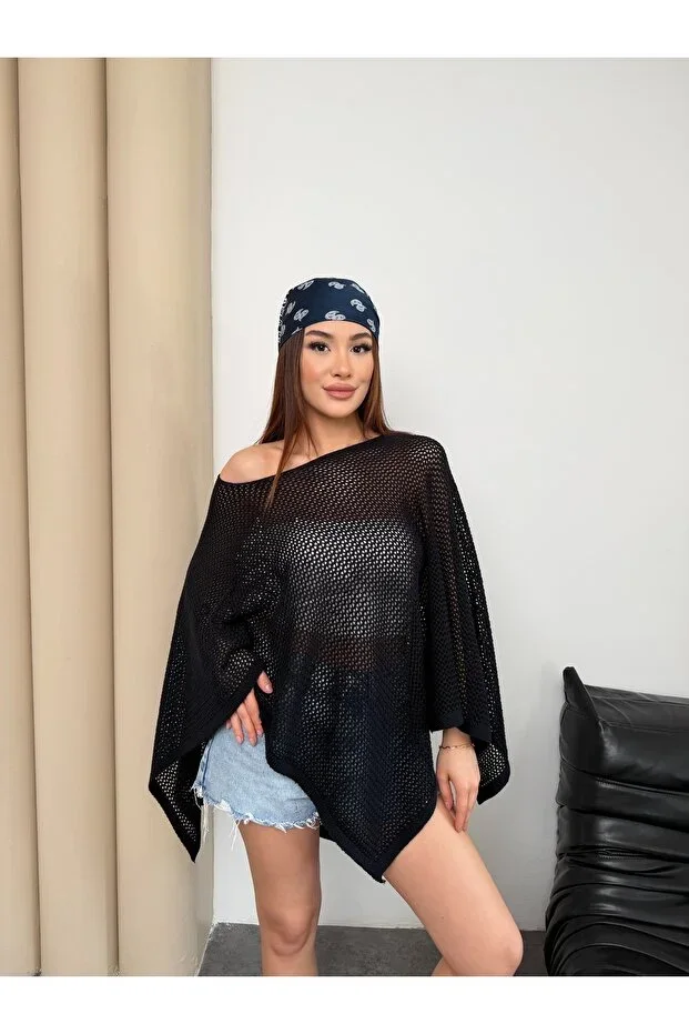 Women's Mesh Knit Poncho Blouse Loose Oversize Batwing Sleeve Summer Knit Blouse