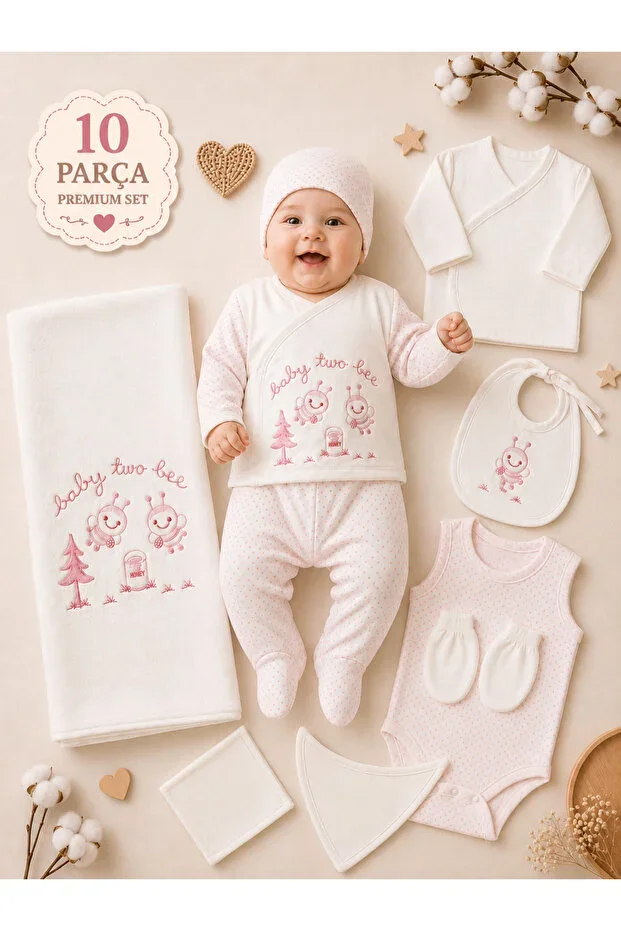 Newborn Bee Girl Baby Hospital Exit Set 10 Pieces – Pink