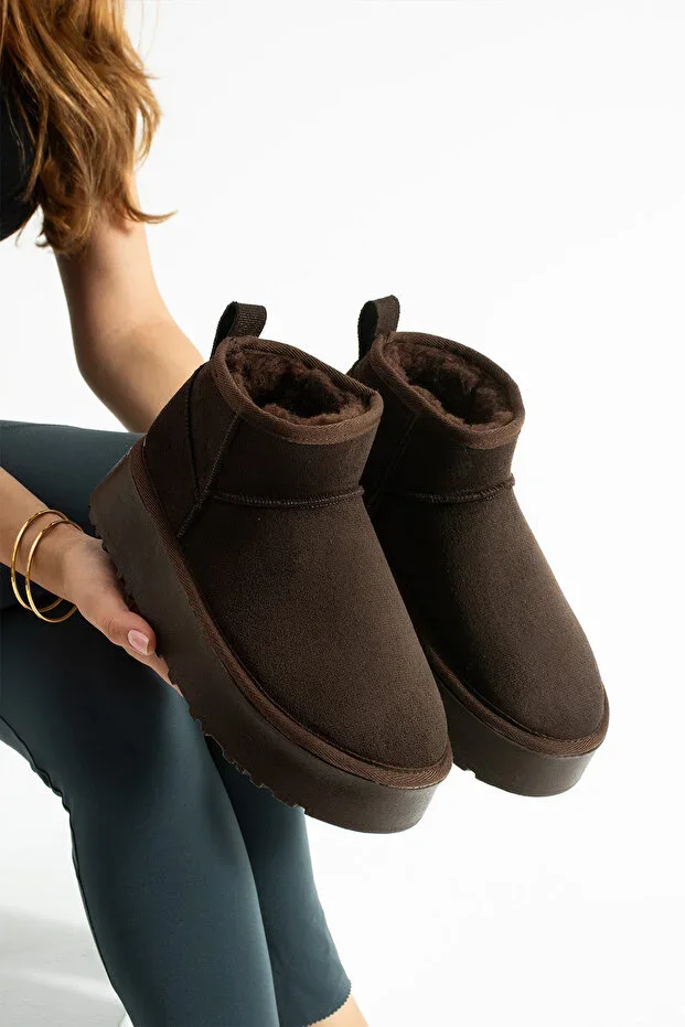 Brown Suede Wool Lined Thick Sole Boots