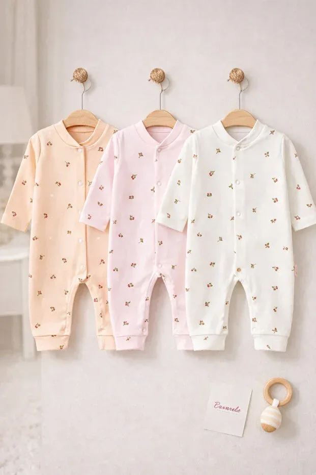 %100 Cotton Tulip Patterned 3-Piece Romper