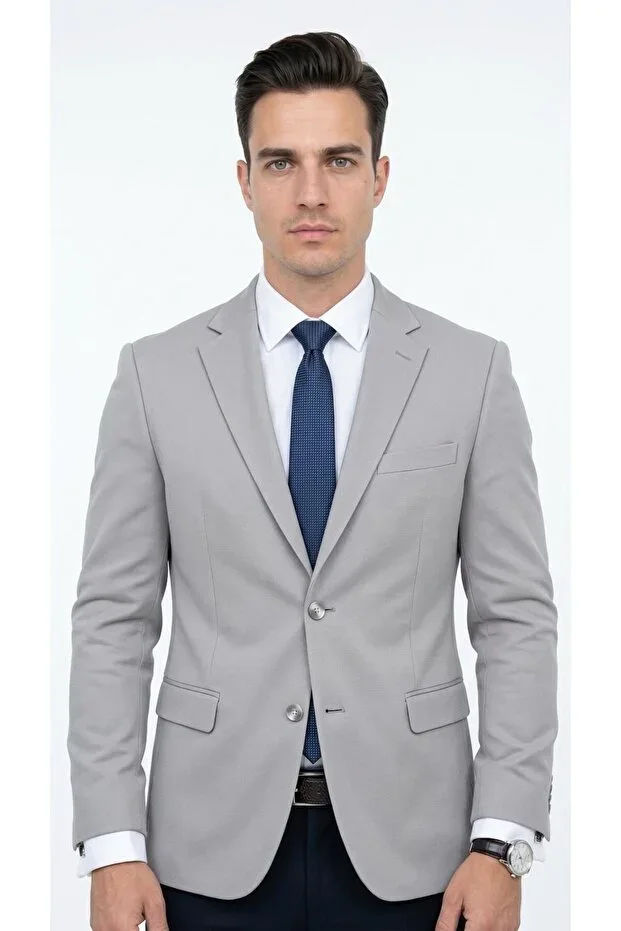 Slim Fit Micro Patterned Men's Jacket Summer Pique Fabric Double Vent Blazer