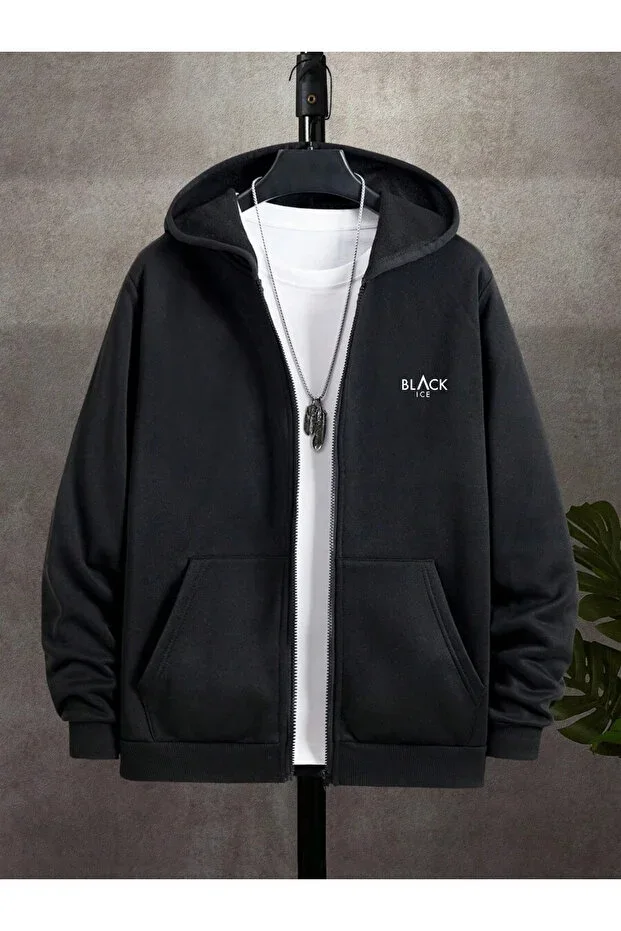 Men's Black Hooded Zip-Up Oversize Sweatshirt Winter School Cardigan Brushed Print