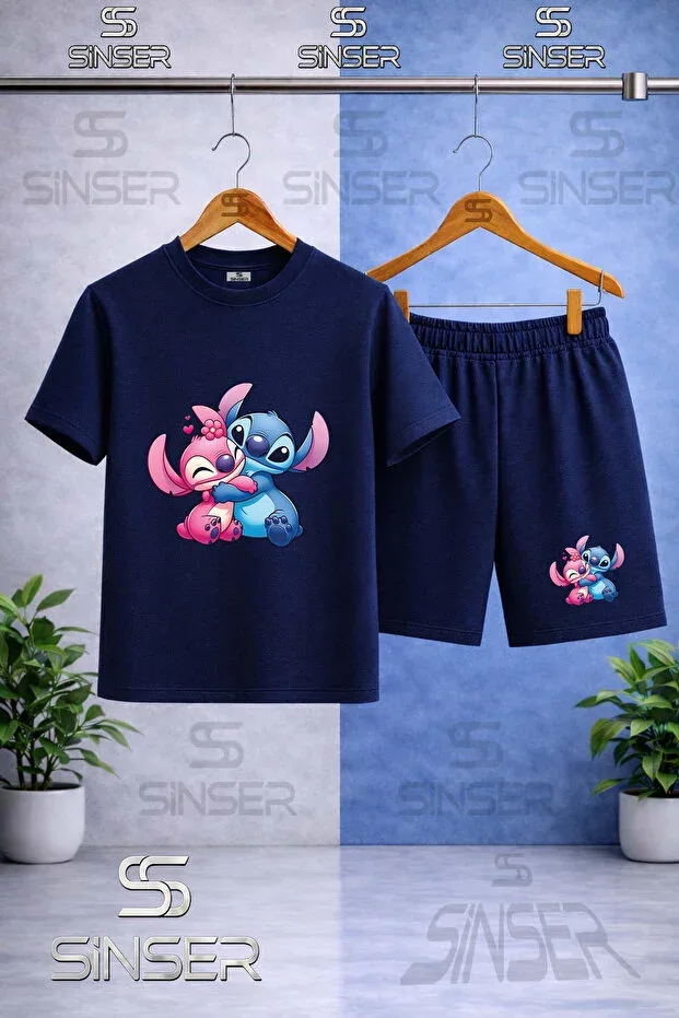 Kids LILO STITCH Hug Print Round Neck T-shirt - Shorts Set