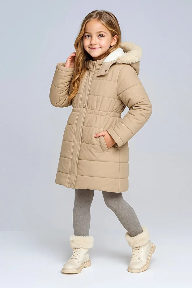 Thick Fiber Filled Water Wind and Rainproof Hooded Girls Beige Winter Luxury Puffer Jacket