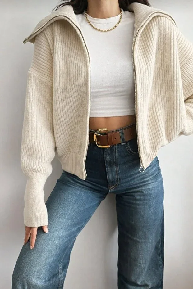 Swc Cream Turn-Down Collar Zip-Up Knit Cardigan