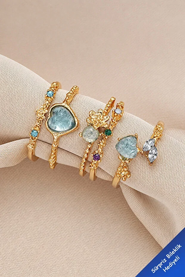 3-Piece Blue Stone Combination Star-Moon Butterfly Pinterest Design Gold Ring Set